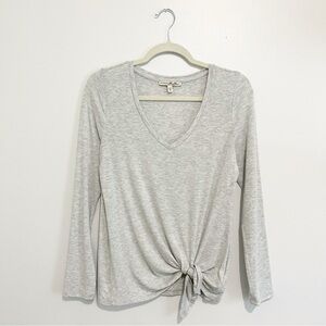 Express One Eleven Long-Sleeve V-Neck Tee Soft Jersey Tie-Front Light Gray Sz S